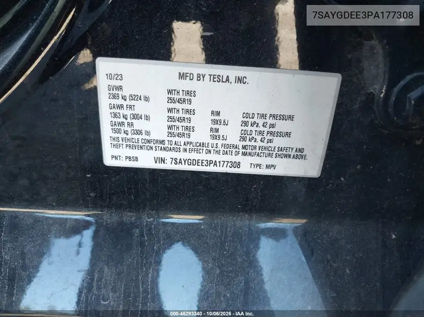 2023 TESLA MODEL Y VIN 7SAYGDEE3PA177308 — фото 9