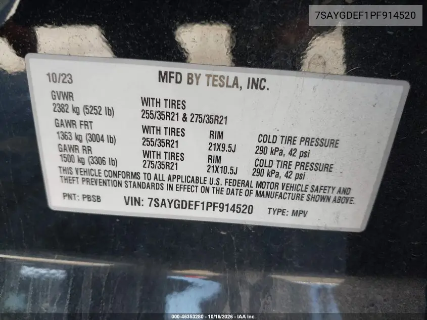 2023 TESLA MODEL Y VIN 7SAYGDEF1PF914520 — фото 9