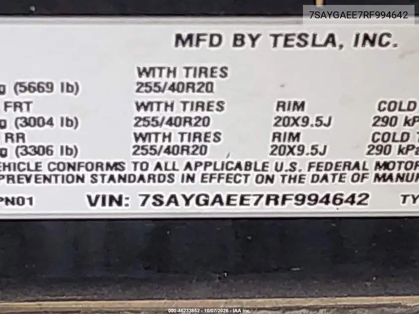 2024 TESLA MODEL Y VIN 7SAYGAEE7RF994642 — фото 9