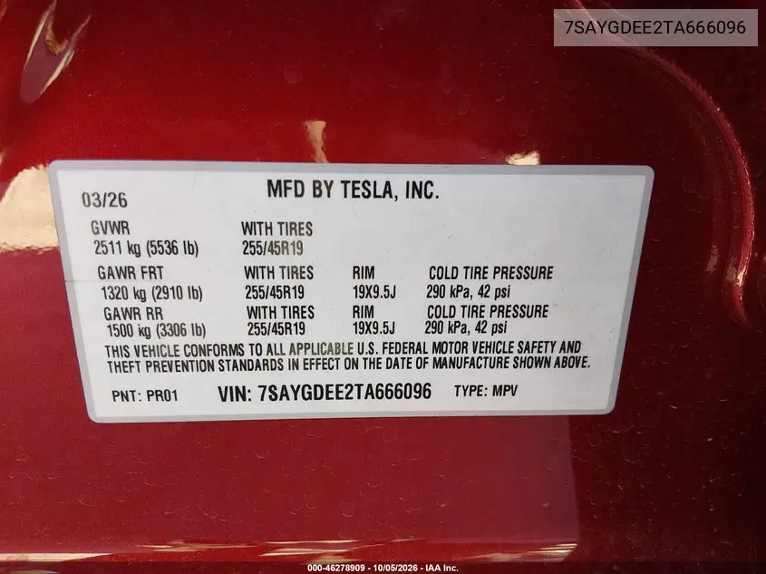 2026 TESLA MODEL Y VIN 7SAYGDEE2TA666096 — фото 9