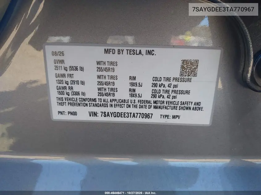 2026 TESLA MODEL Y VIN 7SAYGDEE3TA770967 — фото 9