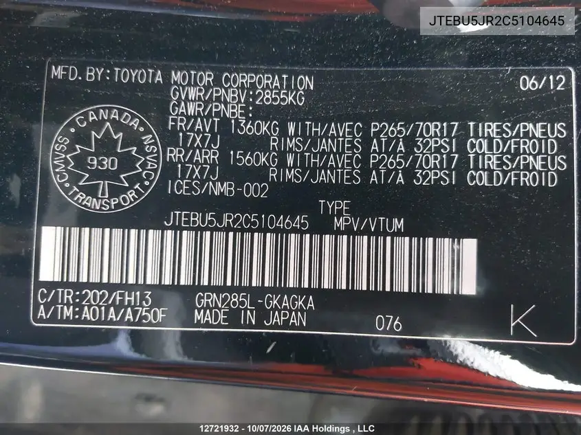 2012 TOYOTA 4RUNNER VIN JTEBU5JR2C5104645 — фото 19