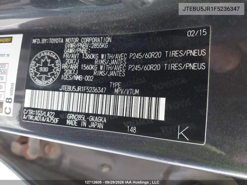 2015 TOYOTA 4RUNNER VIN JTEBU5JR1F5236347 — фото 19