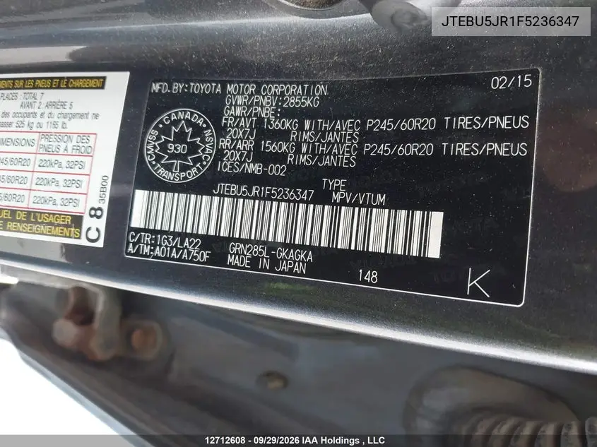 2015 TOYOTA 4RUNNER VIN JTEBU5JR1F5236347 — фото 9