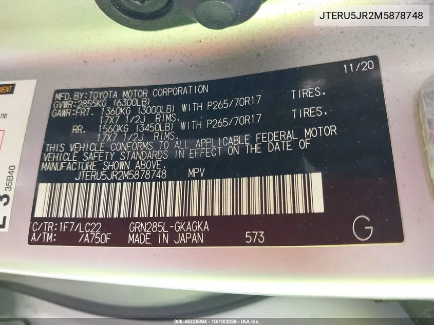 2021 TOYOTA 4RUNNER VIN JTERU5JR2M5878748 — фото 9