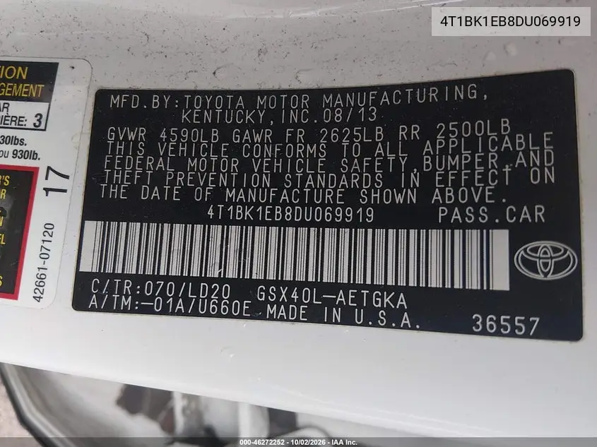 2013 TOYOTA AVALON VIN 4T1BK1EB8DU069919 — фото 9
