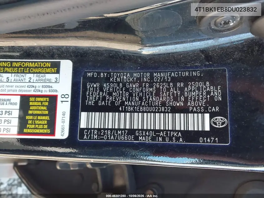 2013 TOYOTA AVALON VIN 4T1BK1EB8DU023832 — фото 9