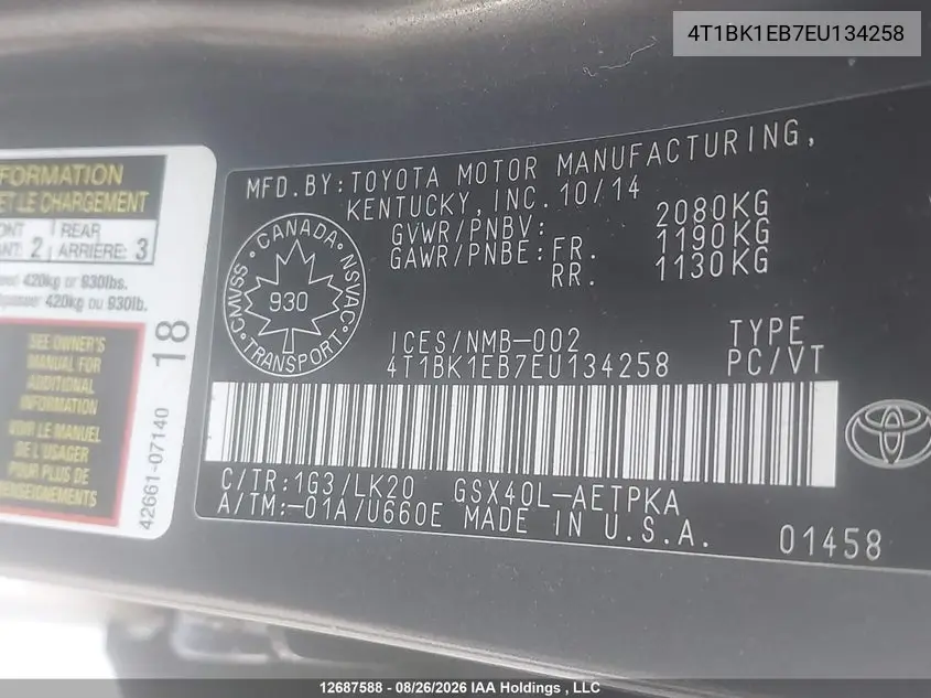 2014 TOYOTA AVALON VIN 4T1BK1EB7EU134258 — фото 9