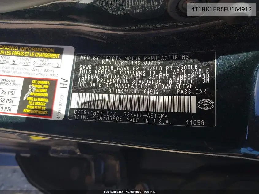 2015 TOYOTA AVALON VIN 4T1BK1EB5FU164912 — фото 9