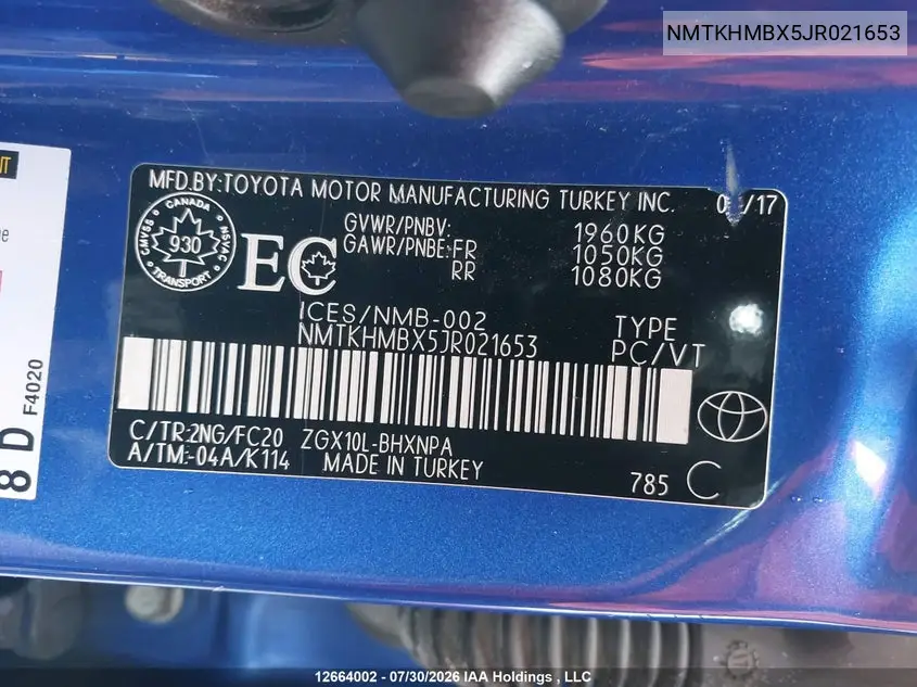 2018 TOYOTA C-HR VIN NMTKHMBX5JR021653 — фото 19