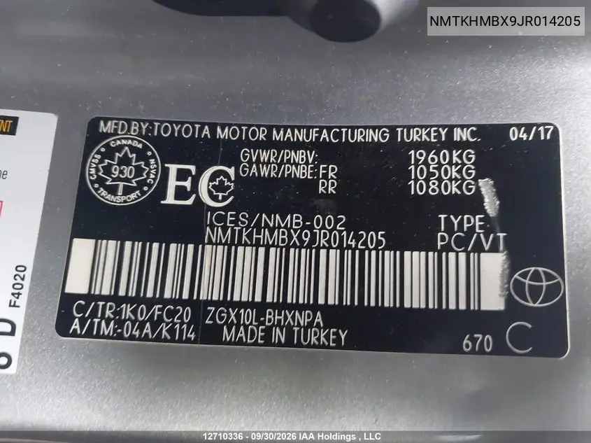 2018 TOYOTA C-HR VIN NMTKHMBX9JR014205 — фото 18