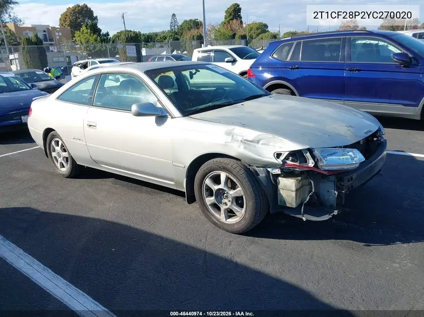 TOYOTA CAMRY SOLARA 2000, VIN 2T1CF28P2YC270020