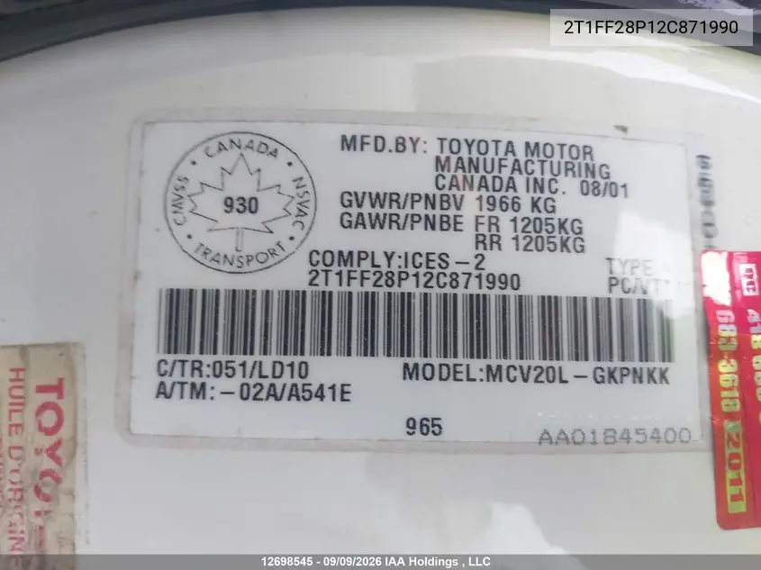 2002 TOYOTA CAMRY SOLARA VIN 2T1FF28P12C871990 — фото 9