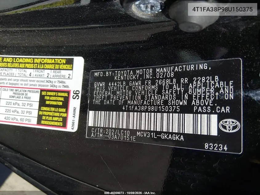 2008 TOYOTA CAMRY SOLARA VIN 4T1FA38P98U150375 — фото 9