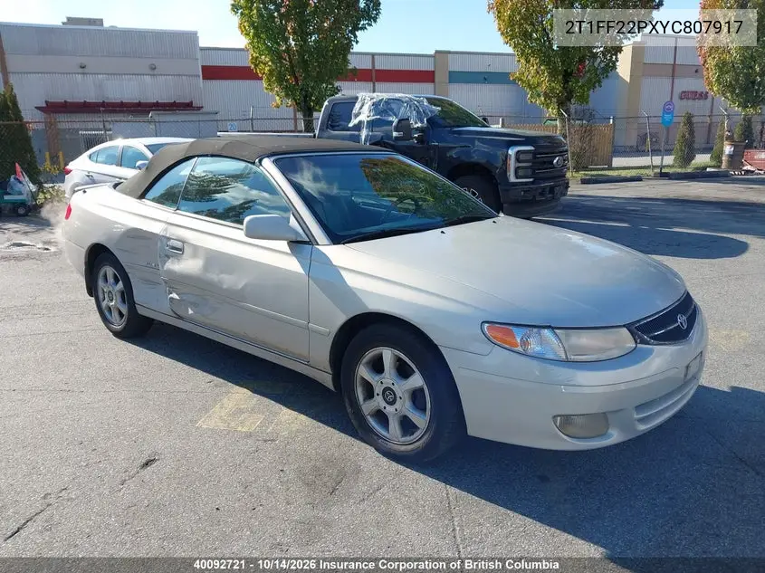 TOYOTA CAMRY 2000, VIN 2T1FF22PXYC807917