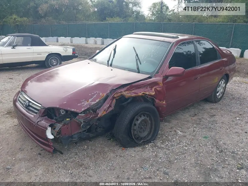 2000 TOYOTA CAMRY VIN 4T1BF22K7YU942001 — фото 2
