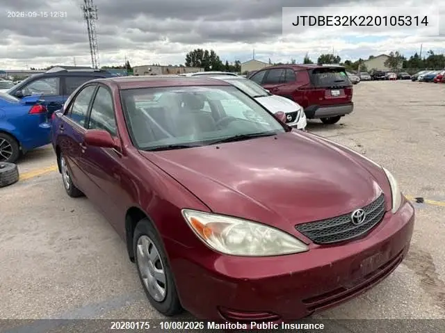 TOYOTA CAMRY 2002, VIN JTDBE32K220105314