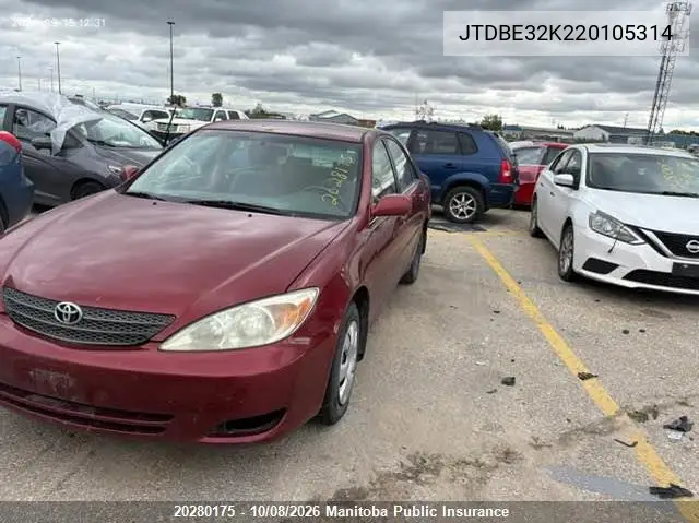 2002 TOYOTA CAMRY VIN JTDBE32K220105314 — фото 2