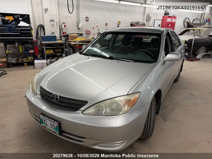 TOYOTA CAMRY 2003, VIN JTDBE32K430191663
