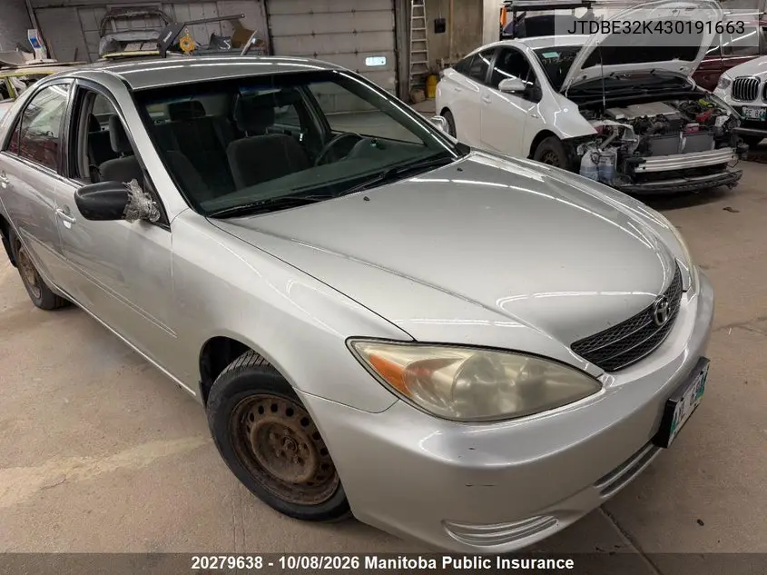 2003 TOYOTA CAMRY VIN JTDBE32K430191663 — фото 3