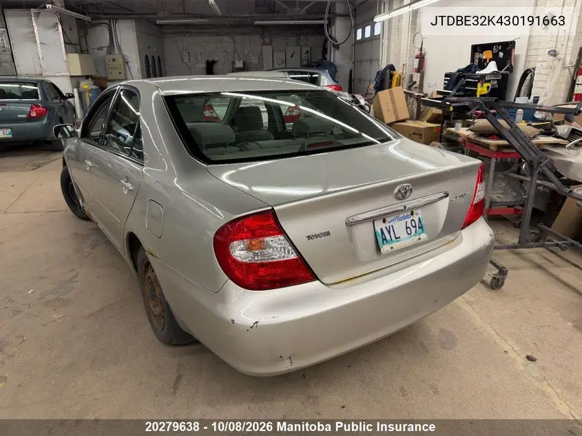 2003 TOYOTA CAMRY VIN JTDBE32K430191663 — фото 4