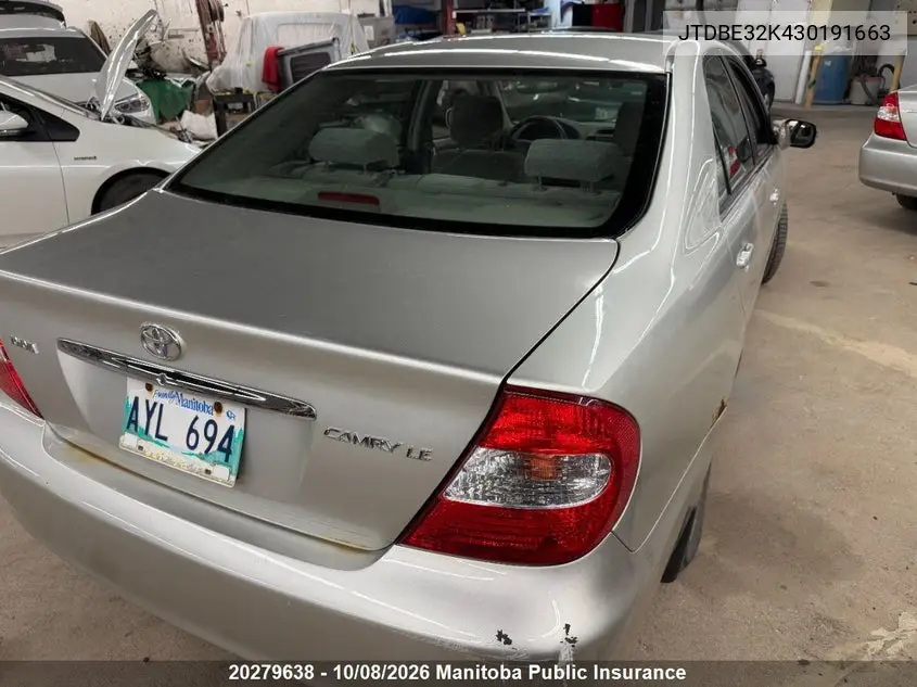 2003 TOYOTA CAMRY VIN JTDBE32K430191663 — фото 5