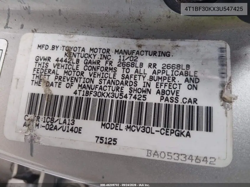 2003 TOYOTA CAMRY VIN 4T1BF30KX3U547425 — фото 9