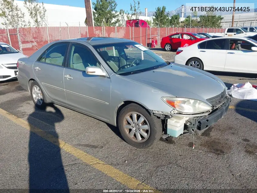 TOYOTA CAMRY 2003, VIN 4T1BE32K43U754425