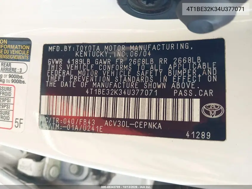 2004 TOYOTA CAMRY VIN 4T1BE32K34U377071 — фото 9