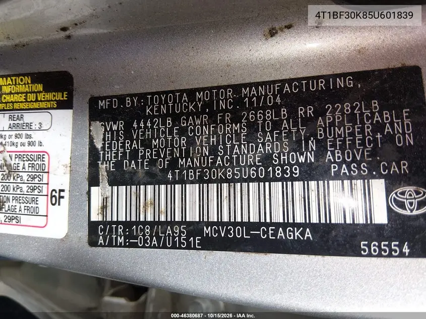 2005 TOYOTA CAMRY VIN 4T1BF30K85U601839 — фото 9