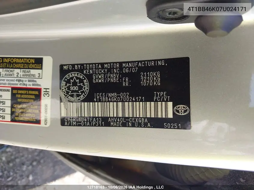 2007 TOYOTA CAMRY VIN 4T1BB46K07U024171 — фото 9