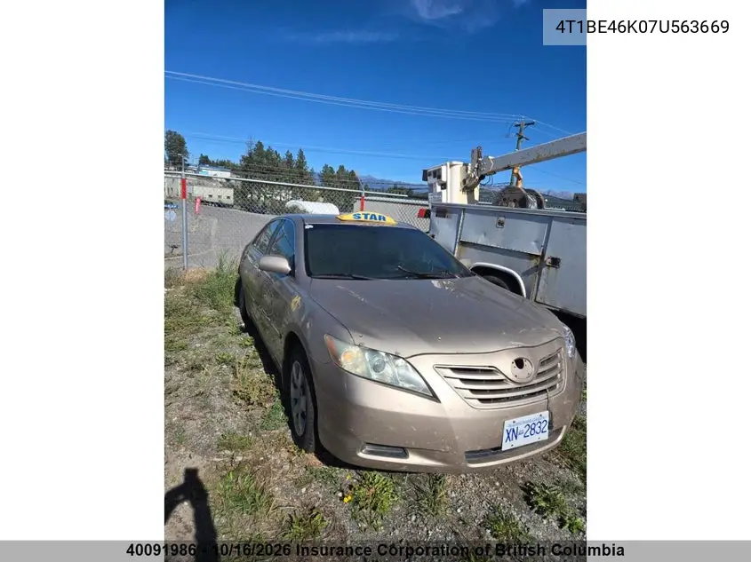 TOYOTA CAMRY 2007, VIN 4T1BE46K07U563669