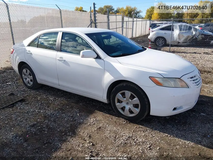 TOYOTA CAMRY 2007, VIN 4T1BE46K47U702640