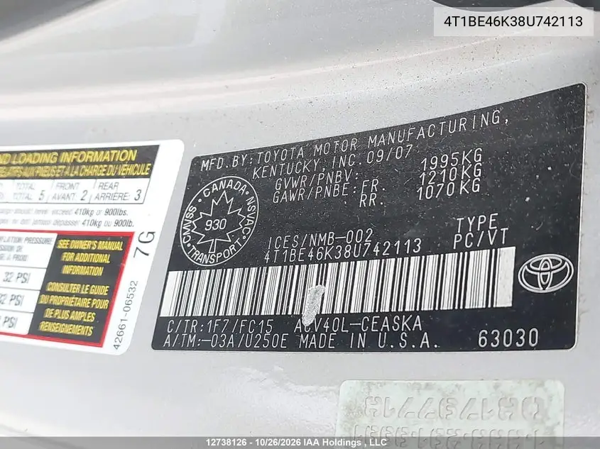 TOYOTA CAMRY 2008, VIN 4T1BE46K38U742113
