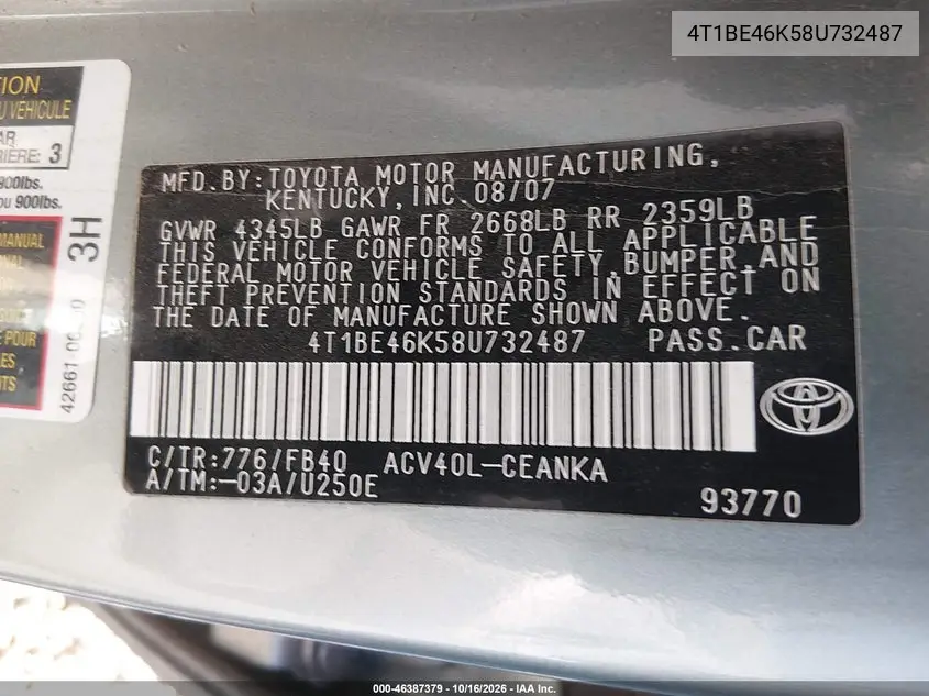 TOYOTA CAMRY 2008, VIN 4T1BE46K58U732487