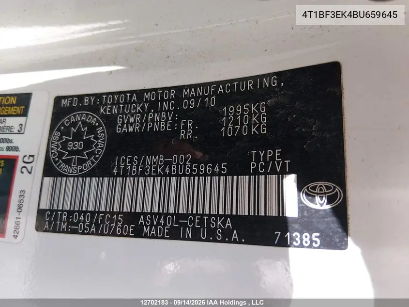 2011 TOYOTA CAMRY VIN 4T1BF3EK4BU659645 — фото 9