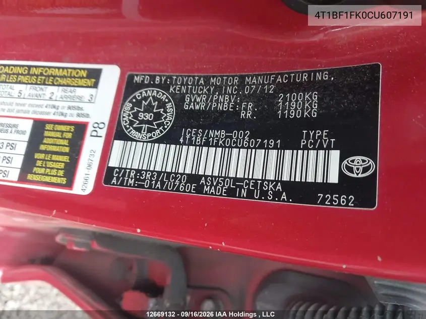2012 TOYOTA CAMRY VIN 4T1BF1FK0CU607191 — фото 22