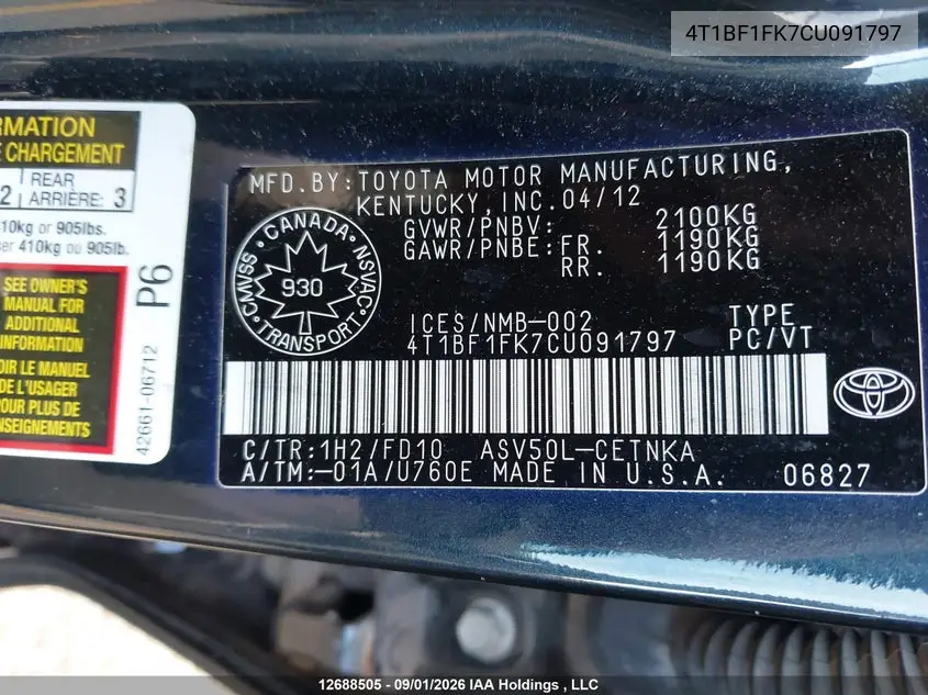 2012 TOYOTA CAMRY VIN 4T1BF1FK7CU091797 — фото 19
