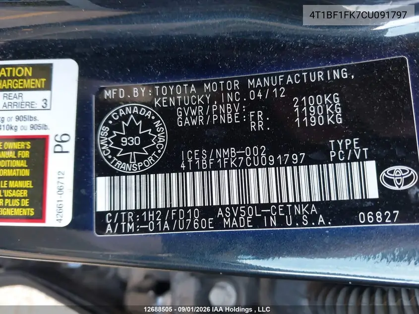 2012 TOYOTA CAMRY VIN 4T1BF1FK7CU091797 — фото 9