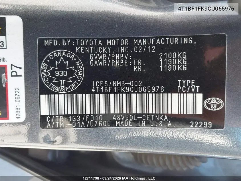 2012 TOYOTA CAMRY VIN 4T1BF1FK9CU065976 — фото 9