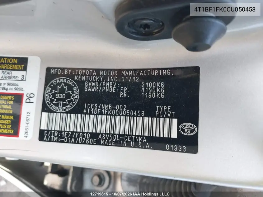 2012 TOYOTA CAMRY VIN 4T1BF1FK0CU050458 — фото 18