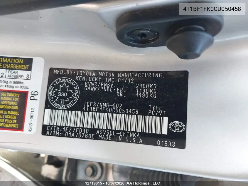 2012 TOYOTA CAMRY VIN 4T1BF1FK0CU050458 — фото 9