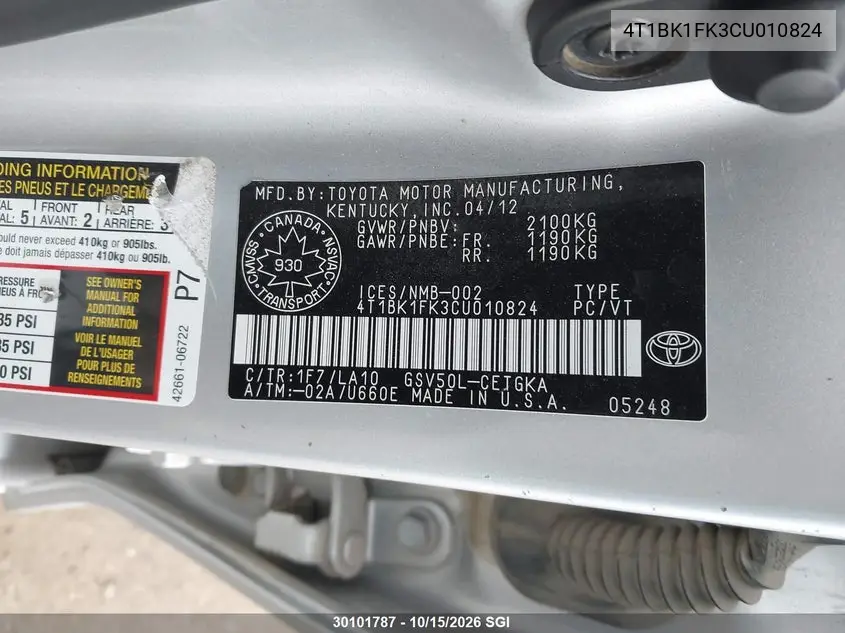 2012 TOYOTA CAMRY VIN 4T1BK1FK3CU010824 — фото 9