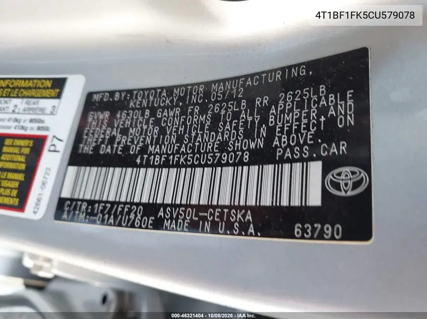2012 TOYOTA CAMRY VIN 4T1BF1FK5CU579078 — фото 9