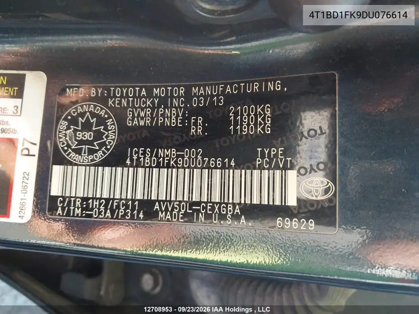 2013 TOYOTA CAMRY VIN 4T1BD1FK9DU076614 — фото 9