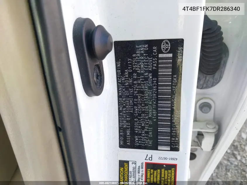 2013 TOYOTA CAMRY VIN 4T4BF1FK7DR286340 — фото 9