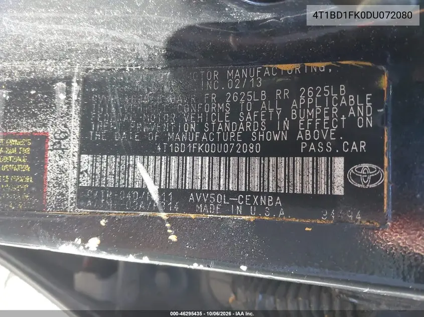 2013 TOYOTA CAMRY VIN 4T1BD1FK0DU072080 — фото 9