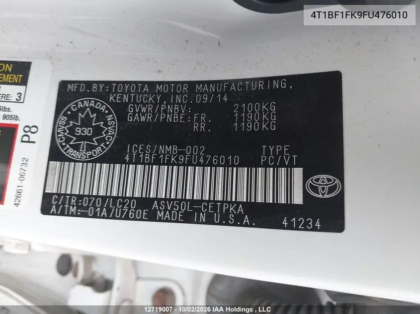 2015 TOYOTA CAMRY VIN 4T1BF1FK9FU476010 — фото 18