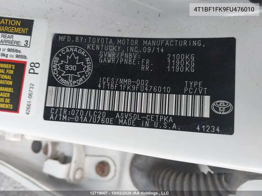2015 TOYOTA CAMRY VIN 4T1BF1FK9FU476010 — фото 9