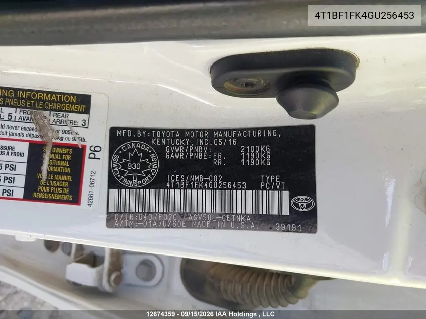 2016 TOYOTA CAMRY VIN 4T1BF1FK4GU256453 — фото 18
